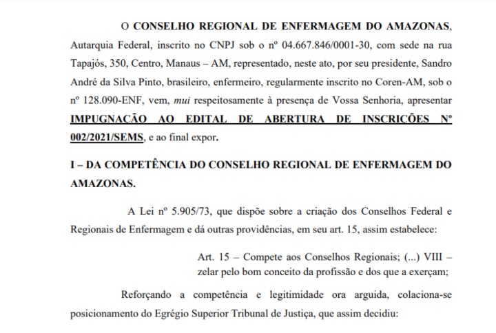 pag-1 Coren-AM contesta salário oferecido a profissionais da enfermagem em edital da Prefeitura de Presidente Figueiredo