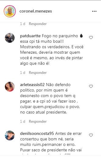 menezes2 Menezes critica Omar Aziz na CPI da Covid e é rechaçado pelos próprios seguidores: ‘Vai morrer abraçado na cloroquina, não evolui nunca’