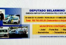 Outdoors divulgam benefícios de emendas de R$ 750 mil de Belarmino Lins ao Estado do AM