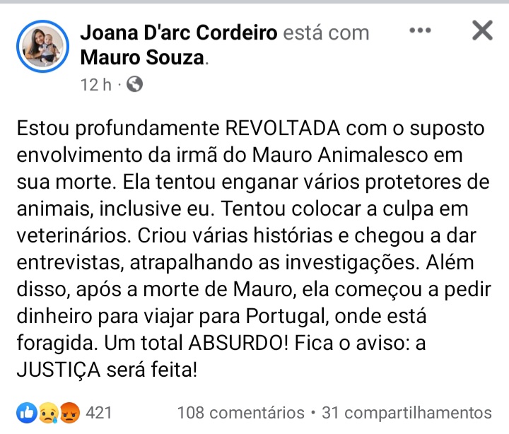 Screenshot_20211231-100552_Facebook 'Não procede', diz delegado sobre irmã de Mauro Animalesco  ser mandante do crime