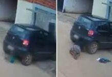 Homem dar ré e quase passa com pneu do carro em cima da cabeça de bebê de 1 ano