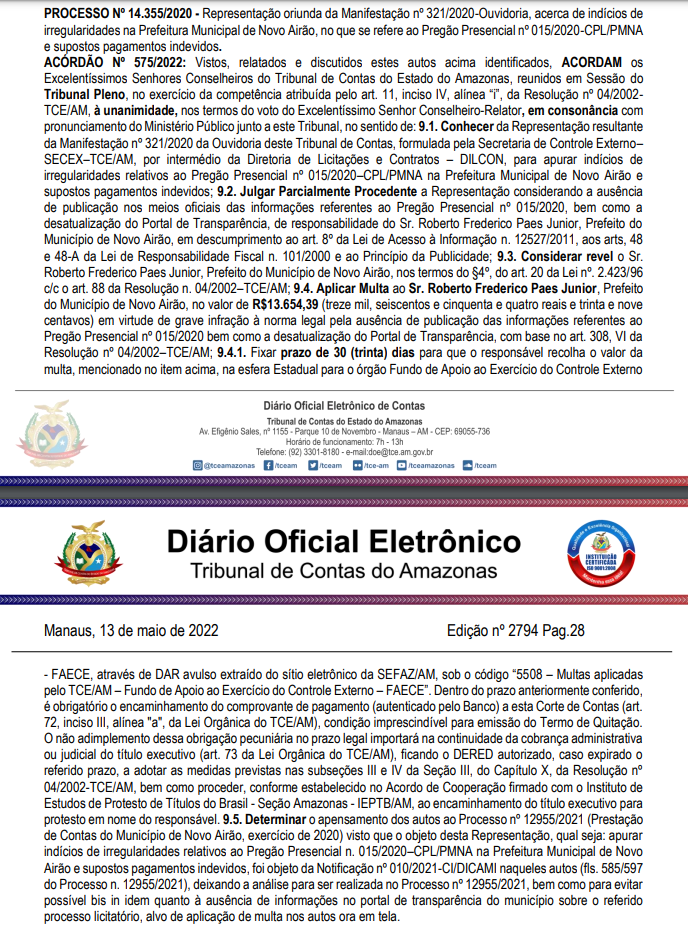 Edicao-DOE-TCE-AM-13-05-2022 TCE-AM aplica multa em prefeito de Novo Airão, por irregularidades em licitação