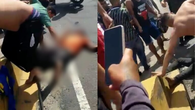 Homem é espancado por populares após supostamente cometer assaltos; veja vídeo