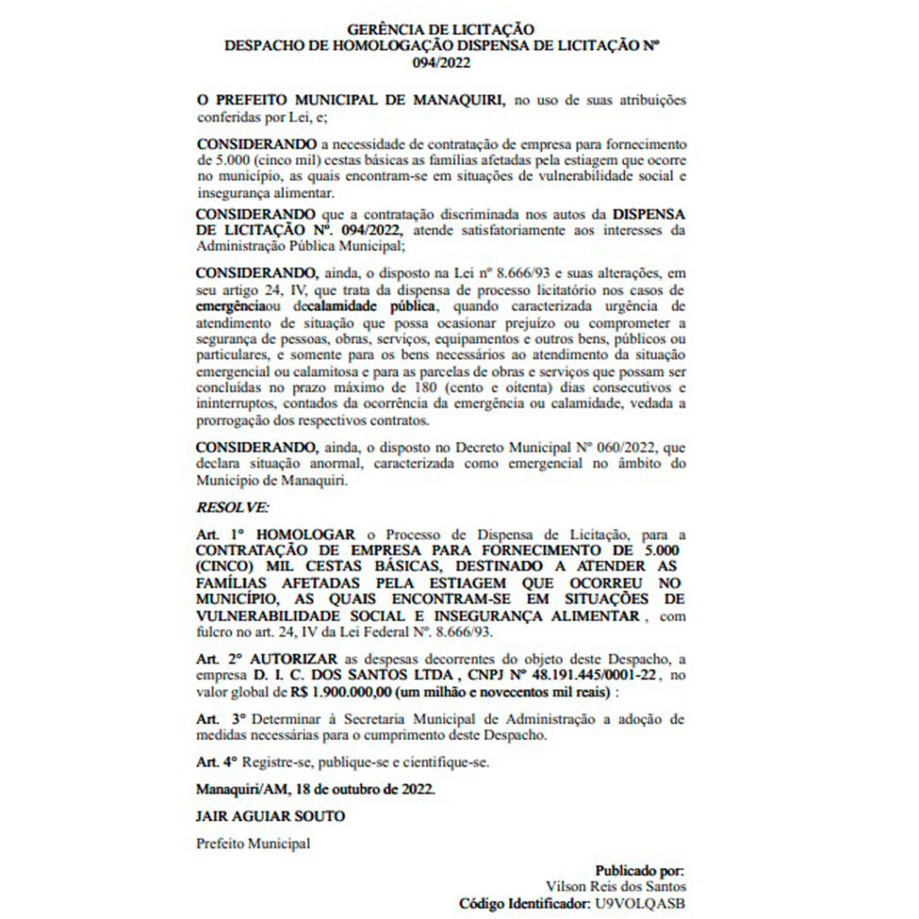 Licitacao-1024x1024 O homem tá Souto: Prefeito de Manaquiri vai gastar R$ 1,9 milhão na compra de cestas básicas, em empresa de lubrificantes