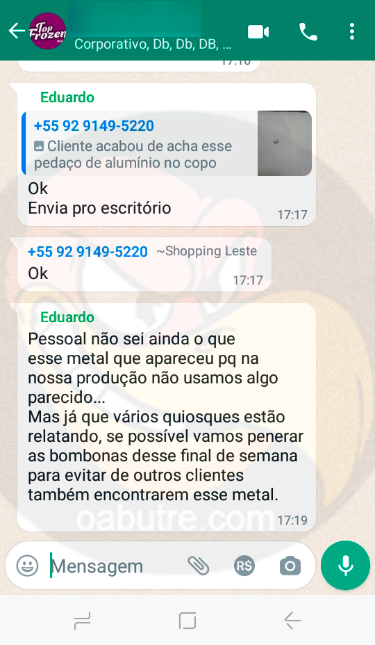 metal-1 NOVA DENÚNCIA: Açaí Top Frozen vendia produtos com peças de metal para clientes e dono sabia; vejam os prints das conversas