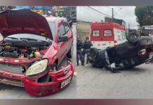 Carro capota após bater contra outro veículo em Avenida de Manaus