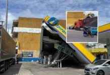 Carreta invade e destrói posto de combustível em Manaus