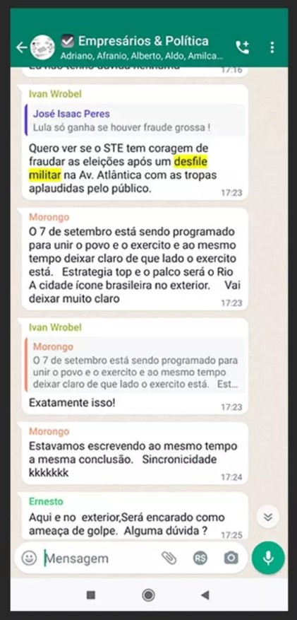 grupo-golpista Bolsonaro confirma ter enviado mensagens a empresários com fake news e ataques ao STF e TSE