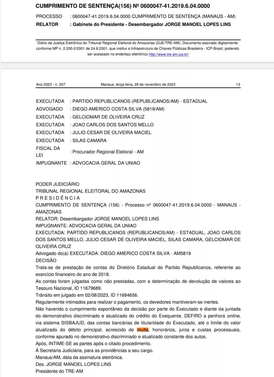 republicanos-tre-2 TRE-AM penhora bens do Republicanos de Silas Câmara por não pagamento de multas das eleições 2018