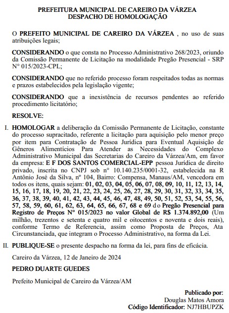 Contrato-Careiro Em pleno ano eleitoral, Pedro Guedes vai comprar mais de R$ 1,3 milhão em alimentos para Prefeitura do Careiro da Várzea