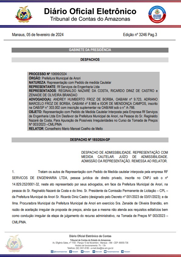 01-1 TCE-AM intima prefeito de Anori para explicar suspeita de irregularidades em licitação para construção de Centro Multiuso no município