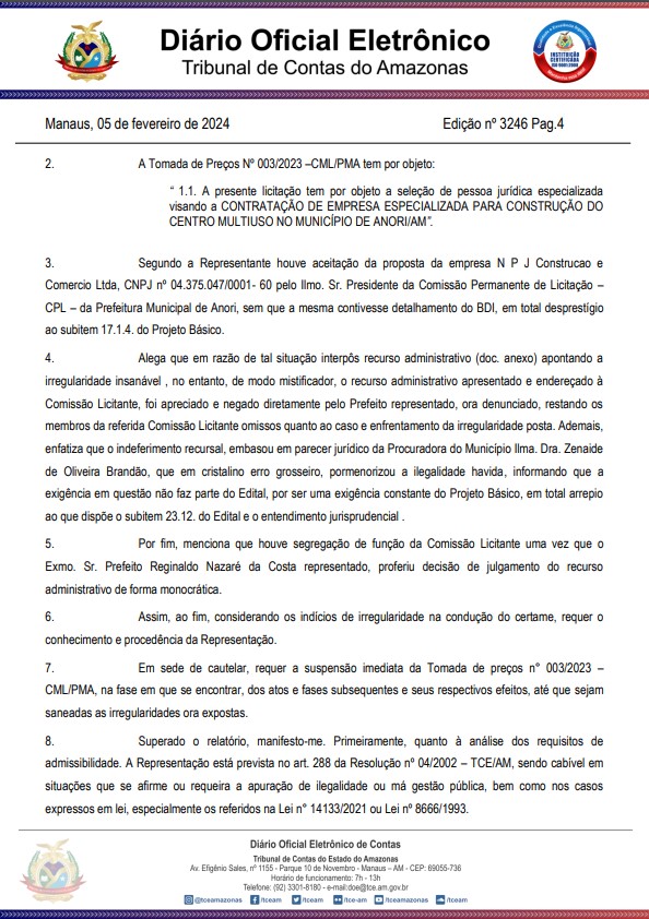 02-1 TCE-AM intima prefeito de Anori para explicar suspeita de irregularidades em licitação para construção de Centro Multiuso no município