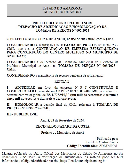 contrato-centro-multiuso TCE-AM intima prefeito de Anori para explicar suspeita de irregularidades em licitação para construção de Centro Multiuso no município