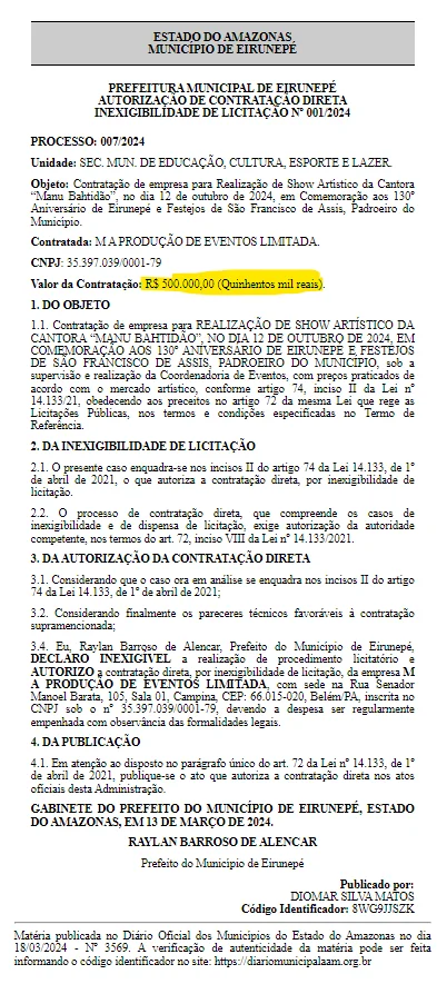 eirunepe-manu-batidao TCE-AM vai investigar a contratação de empresa para realização do aniversário de Eirunepé por irregularidades na licitação