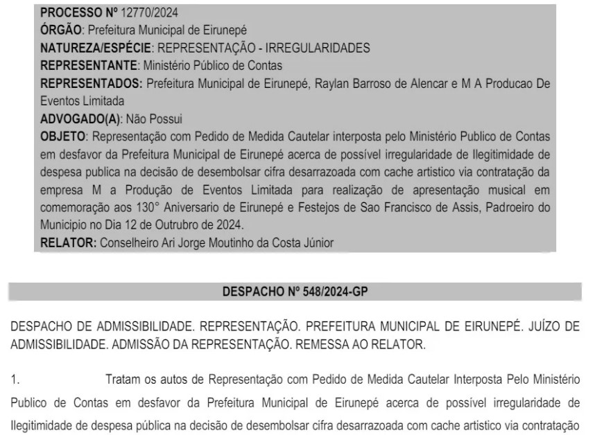 cancelamento TCE-AM vai investigar a contratação de empresa para realização do aniversário de Eirunepé por irregularidades na licitação