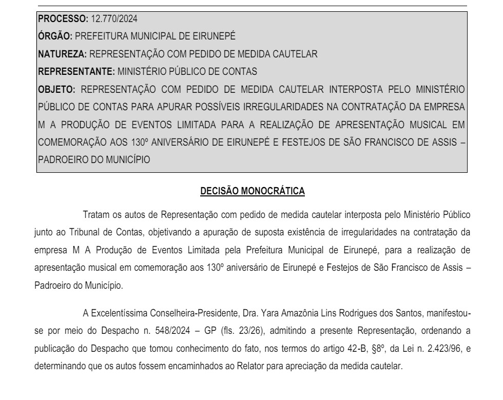 medida-cautelar-prefeitura-de-eirunepe TCE-AM vai investigar a contratação de empresa para realização do aniversário de Eirunepé por irregularidades na licitação