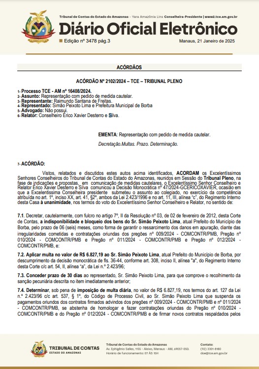 01 Simão Peixoto tem bens bloqueados pelo TCE-AM por irregularidades em contratos firmados no final de gestão em Borba