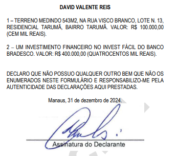 Captura-de-tela-2025-01-28-193613 David Reis escondeu da Justiça Eleitoral bens no valor de R$ 400 mil e declarou ter apenas um terreno no Tarumã