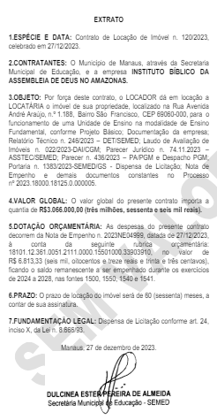 Extrato-DOM David Almeida vai gastar mais R$ 4,6 milhões em aluguéis para escolas municipais em Manaus