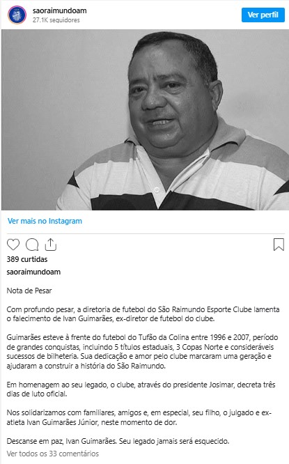 insta Ivan Guimarães, ex-dirigente do São Raimundo falece aos 67 anos em Manaus