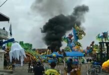 Alegoria do Caprichoso pega fogo na concentração do Bumbódromo em Parintins