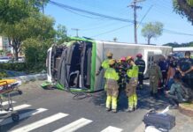VÍDEO: Ônibus bate em árvore e capota na Avenida São Jorge, deixando passageiros feridos
